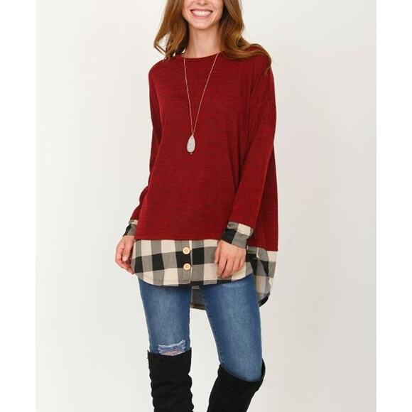 EGS by Eloges Plus Size Burgandy & White Buffalo Check - Accent Tunic - 3X - Picture 1 of 1